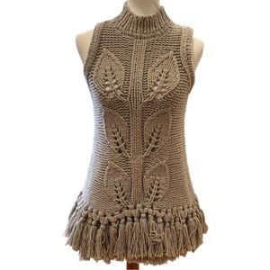 Lela Rose Tan Cowl Neck Sweater with Chunky Knit and Fringe Detail Sz S